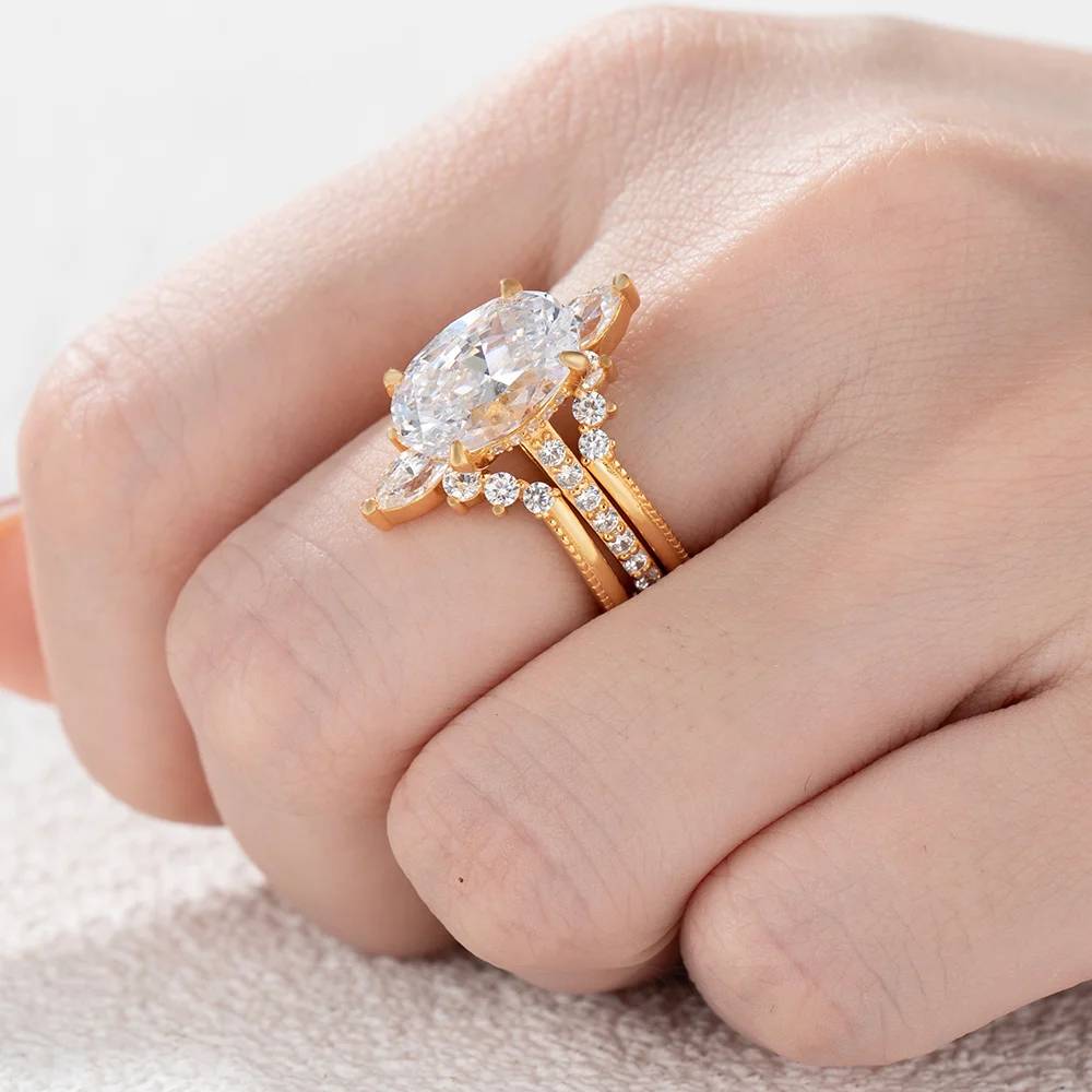 Oval Cut Diamond White Yellow Gold Sterling Silver Insert Wedding Ring Set