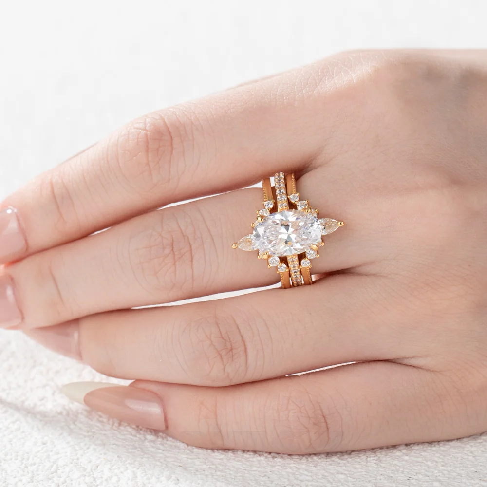 Oval Cut Diamond White Yellow Gold Sterling Silver Insert Wedding Ring Set