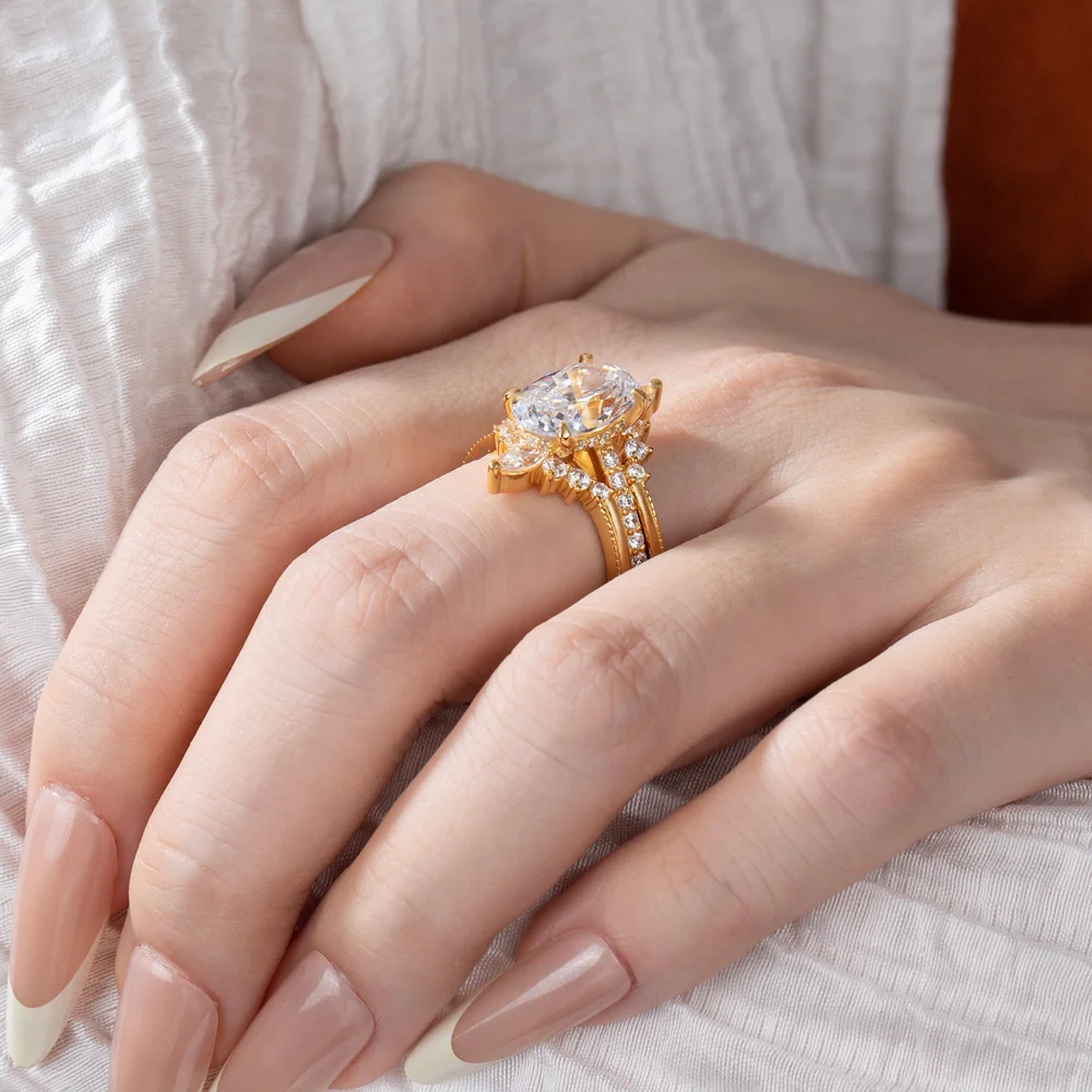 Oval Cut Diamond White Yellow Gold Sterling Silver Insert Wedding Ring Set