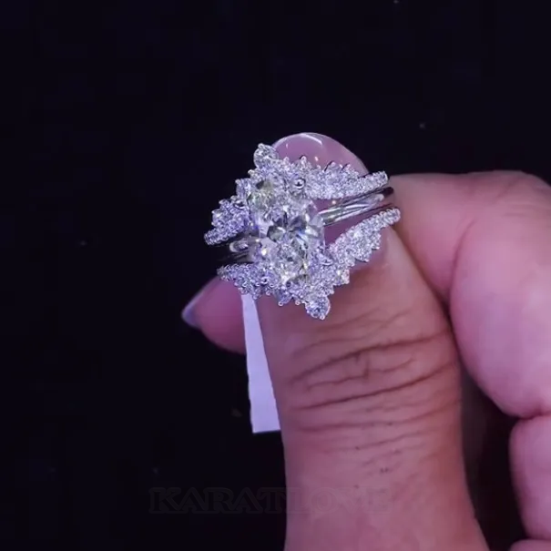 Oval Cut Diamond White Sterling Silver Insert Wedding Ring Set