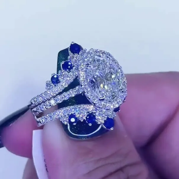 Oval Cut Diamond White Sapphire Blue Sterling Silver Insert Halo Wedding Ring Set