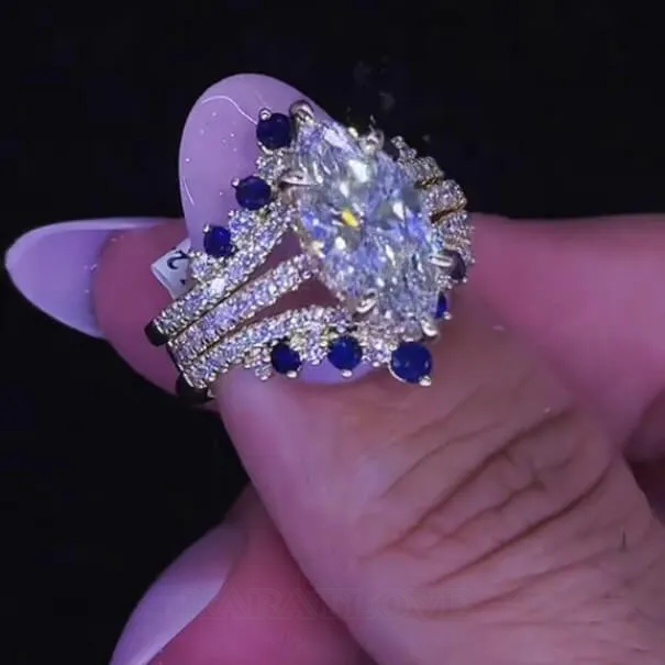 Marquise Cut Diamond White Sapphire Blue Yellow Gold Sterling Silver Insert Wedding Ring Set Marquise Cut Diamond White Sapphire Blue Yellow Gold Sterling Silver Insert Wedding Ring Set