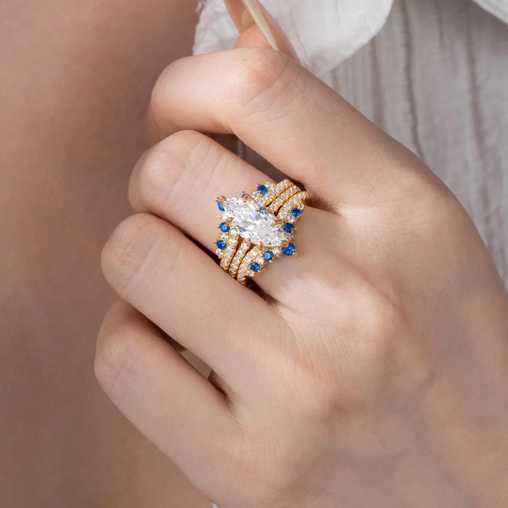 Marquise Cut Diamond White Sapphire Blue Yellow Gold Sterling Silver Insert Wedding Ring Set