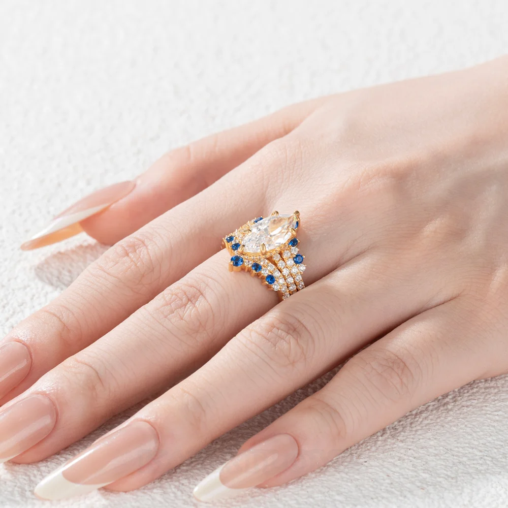 Marquise Cut Diamond White Sapphire Blue Yellow Gold Sterling Silver Insert Wedding Ring Set