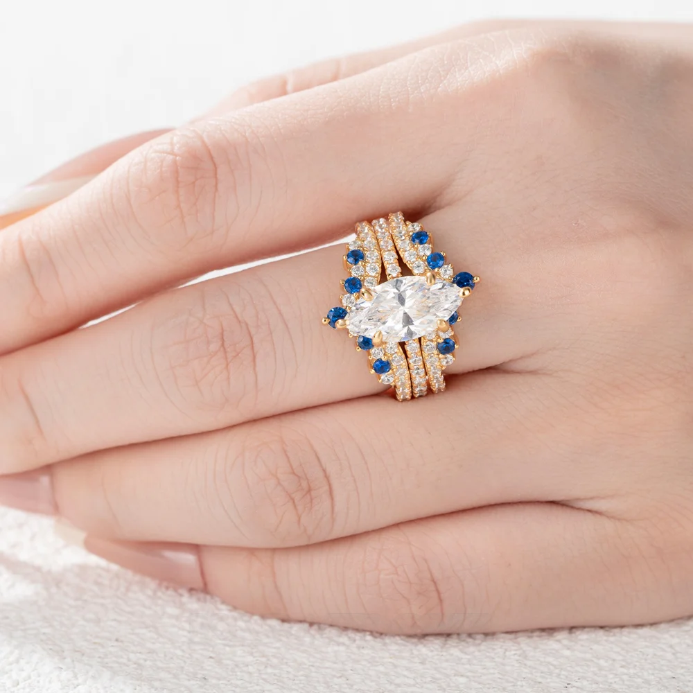 Marquise Cut Diamond White Sapphire Blue Yellow Gold Sterling Silver Insert Wedding Ring Set