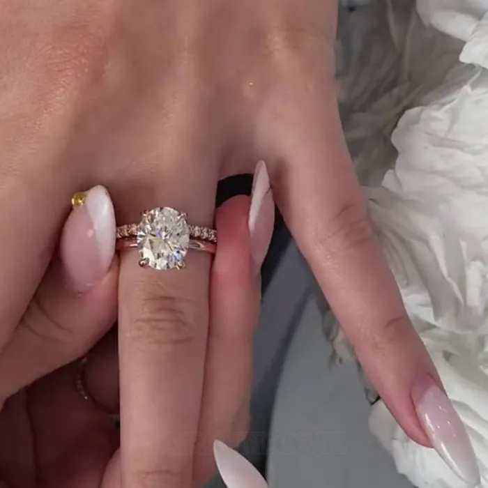 Oval Cut Diamond White 925 Sterling Silver Rose Gold Hidden Halo Wedding Ring Set