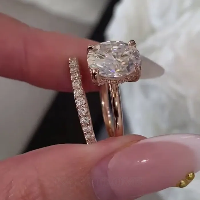 Oval Cut Diamond White 925 Sterling Silver Rose Gold Hidden Halo Wedding Ring Set