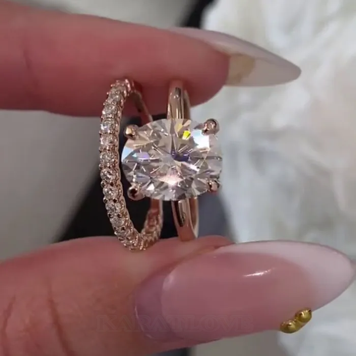 Oval Cut Diamond White 925 Sterling Silver Rose Gold Hidden Halo Wedding Ring Set