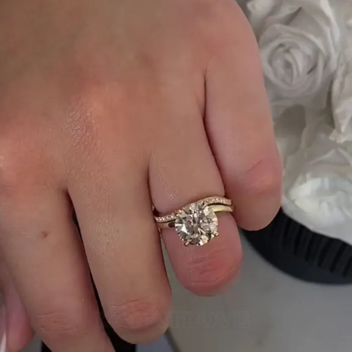 Round Cut Diamond White 925 Sterling Silver Yellow Gold Classic Wedding Ring Set