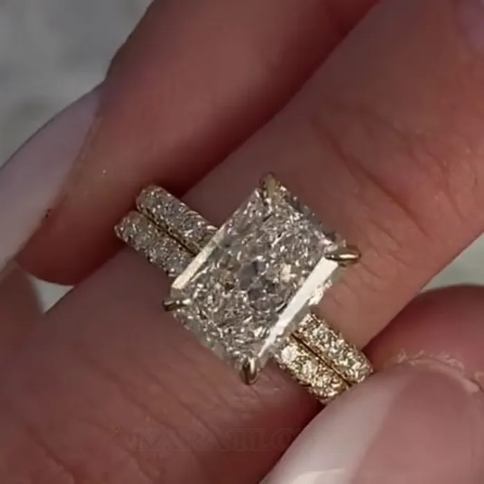 Radiant Cut Diamond White 925 Sterling Silver Yellow Gold Hidden Halo Wedding Ring Set