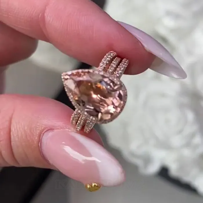 Pear Cut Champagne 925 Sterling Silver Rose Gold Halo Insert Wedding Ring Set
