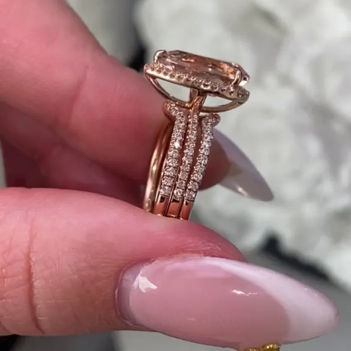 Pear Cut Champagne 925 Sterling Silver Rose Gold Halo Insert Wedding Ring Set