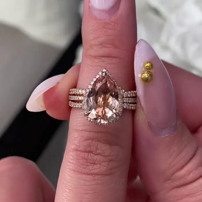 Pear Cut Champagne 925 Sterling Silver Rose Gold Halo Insert Wedding Ring Set