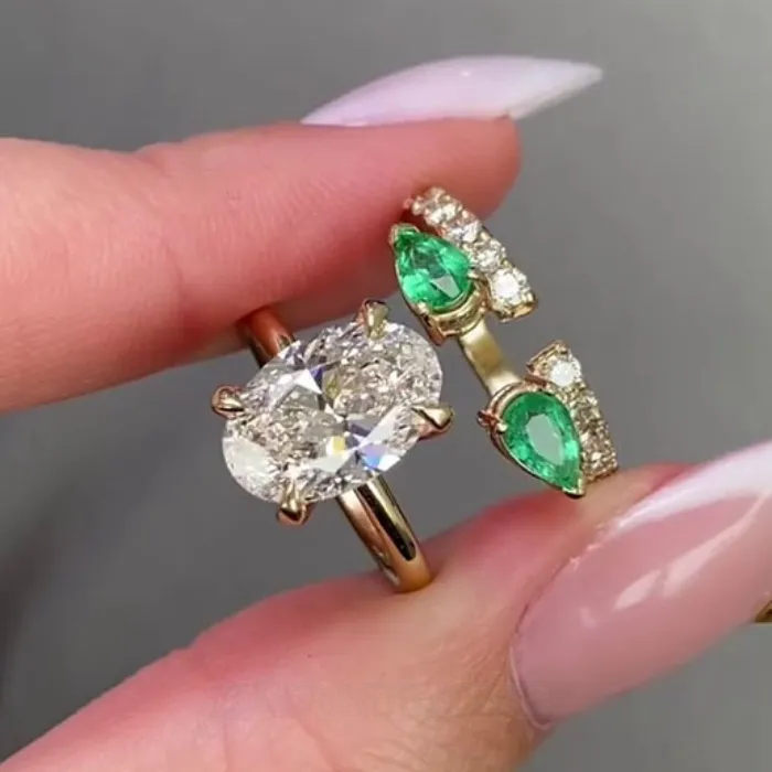 Oval Cut Diamond White 925 Sterling Silver Yellow Gold Art Deco Wedding Ring Set