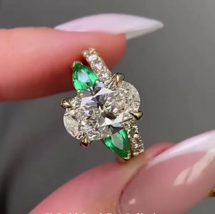 Oval Cut Diamond White 925 Sterling Silver Yellow Gold Art Deco Wedding Ring Set