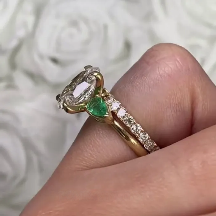 Oval Cut Diamond White 925 Sterling Silver Yellow Gold Art Deco Wedding Ring Set