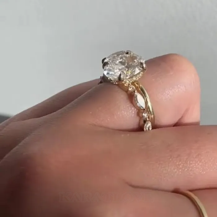 Oval Cut Diamond White 925 Sterling Silver Yellow Gold Art Deco Wedding Ring Set