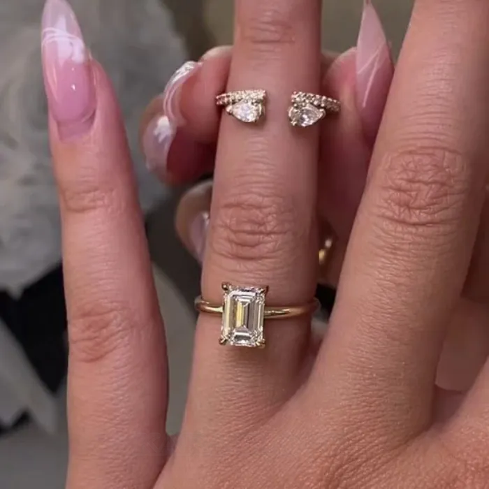 Emerald Cut Diamond White 925 Sterling Silver Yellow Gold Art Deco Wedding Ring Set Emerald Cut Diamond White 925 Sterling Silver Yellow Gold Art Deco Wedding Ring Set