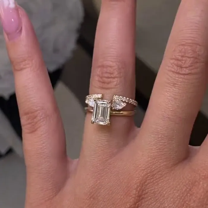 Emerald Cut Diamond White 925 Sterling Silver Yellow Gold Art Deco Wedding Ring Set