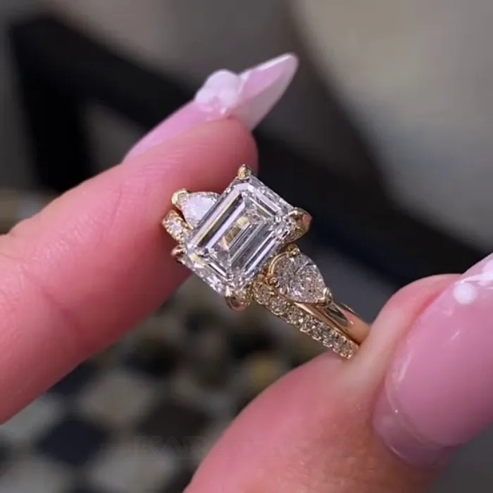 Emerald Cut Diamond White 925 Sterling Silver Yellow Gold Art Deco Wedding Ring Set