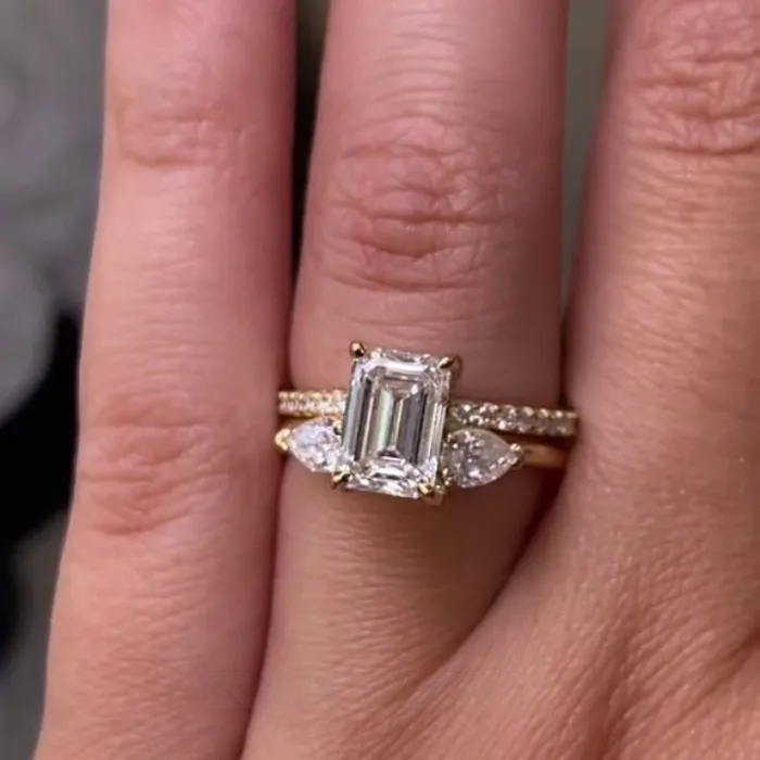 Emerald Cut Diamond White 925 Sterling Silver Yellow Gold Art Deco Wedding Ring Set