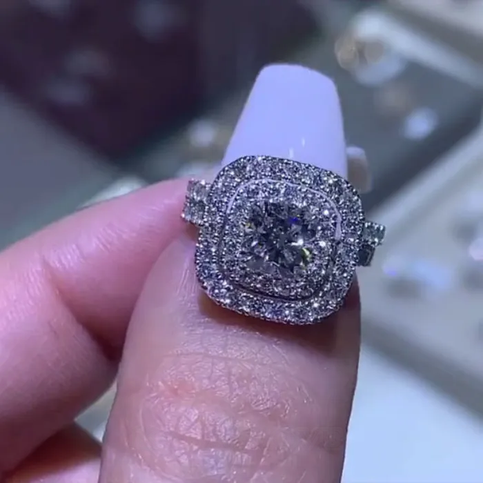 Cushion Cut Diamond White 925 Sterling Silver Double Halo Wedding Ring Set