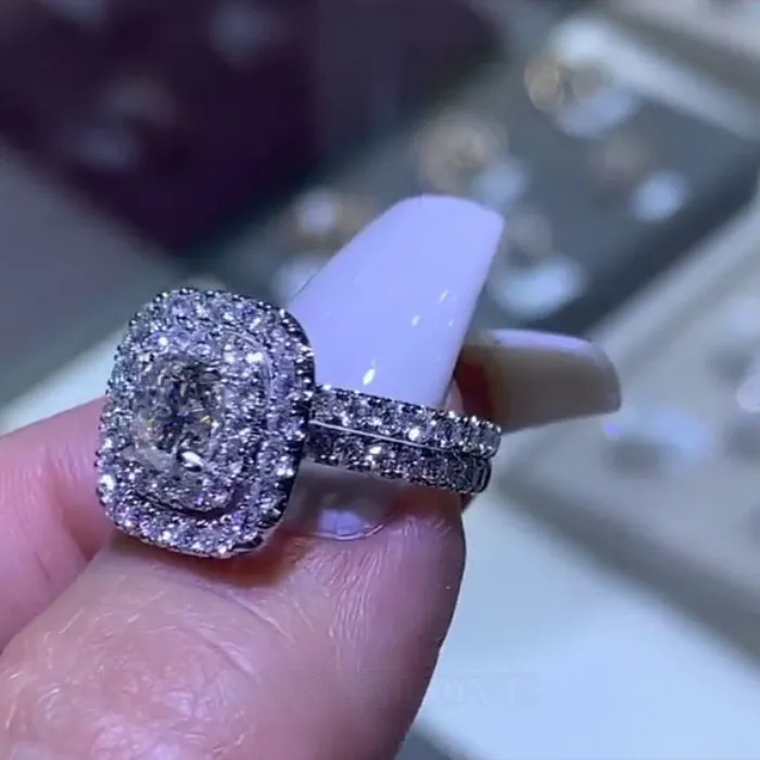 Cushion Cut Diamond White 925 Sterling Silver Double Halo Wedding Ring Set