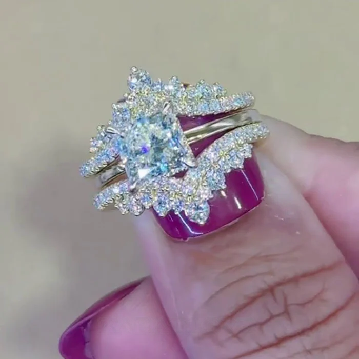 Princess Cut Diamond White 925 Sterling Silver Yellow Gold Art Deco Jacket Ring