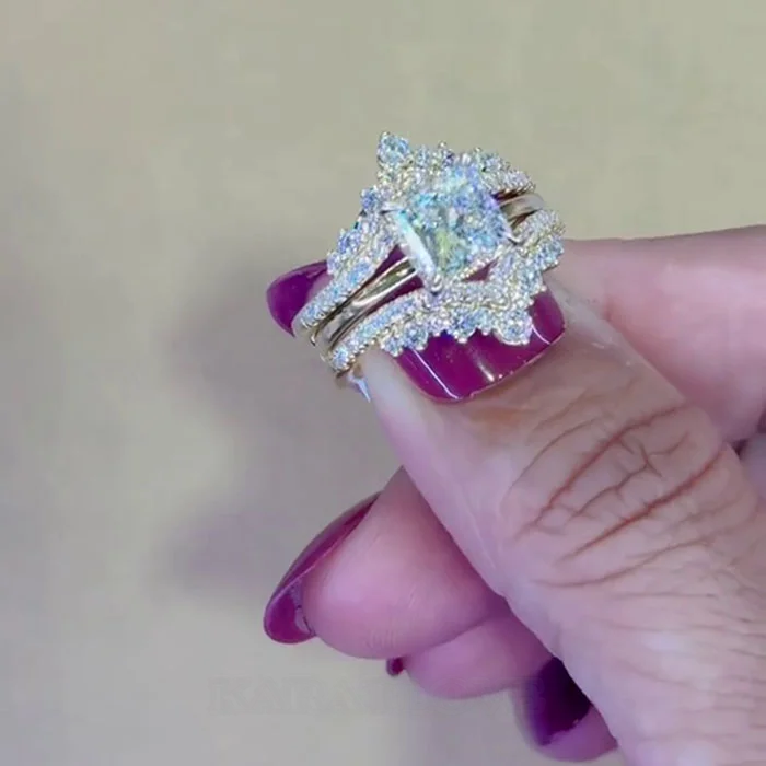 Princess Cut Diamond White 925 Sterling Silver Yellow Gold Art Deco Jacket Ring