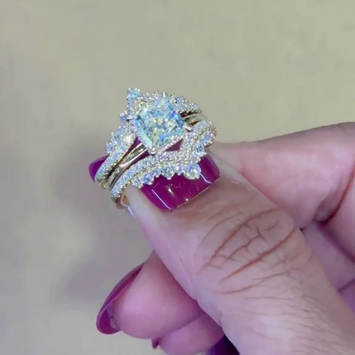 Princess Cut Diamond White 925 Sterling Silver Yellow Gold Art Deco Jacket Ring