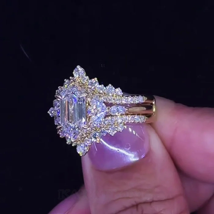 Hexagonal Cut Diamond White 925 Sterling Silver Yellow Gold Art Deco Jacket Ring
