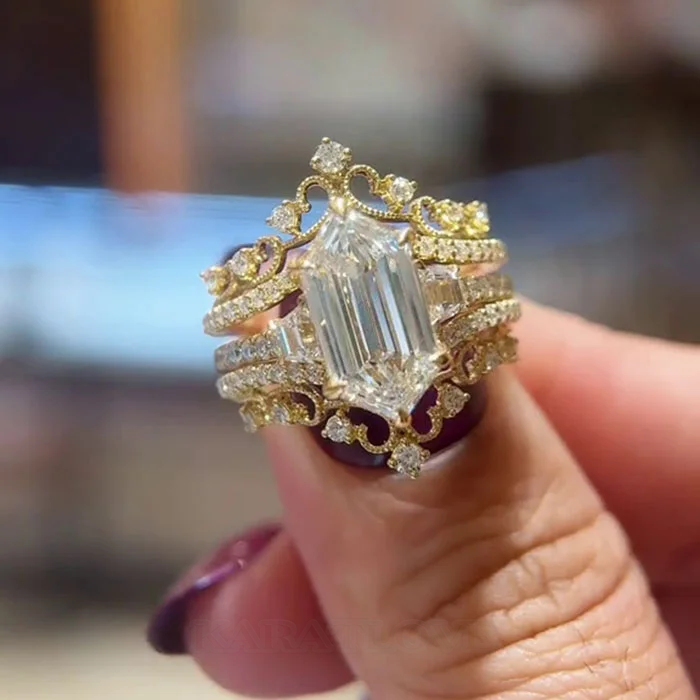 Hexagonal Cut Diamond White 925 Sterling Silver Yellow Gold Art Deco Jacket Ring