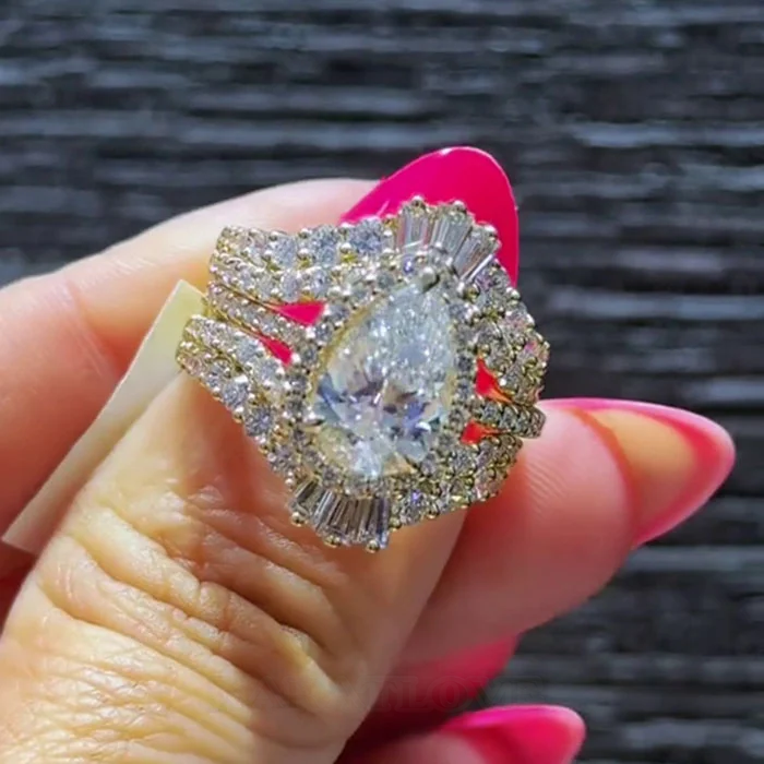 Pear Cut Diamond White 925 Sterling Yellow Gold Halo Jacket Ring