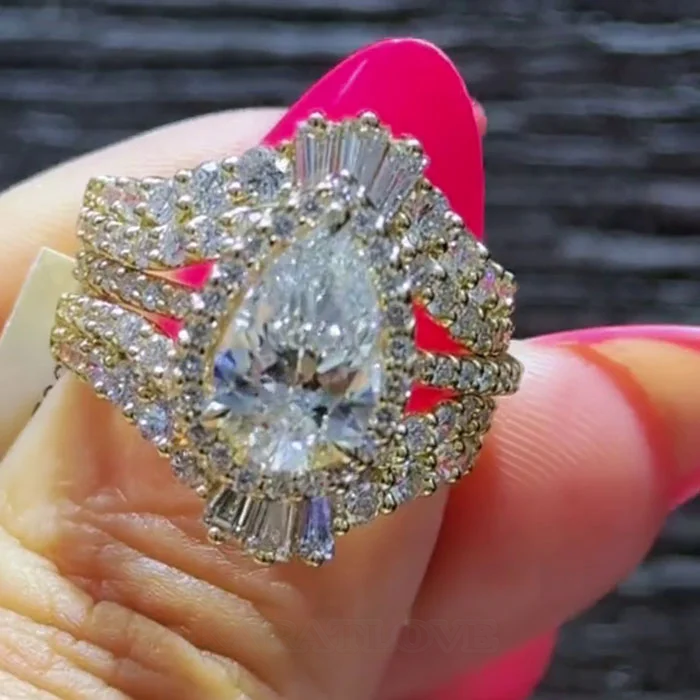 Pear Cut Diamond White 925 Sterling Yellow Gold Halo Jacket Ring
