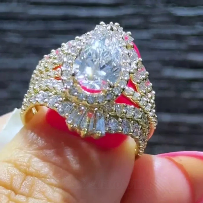 Pear Cut Diamond White 925 Sterling Yellow Gold Halo Jacket Ring