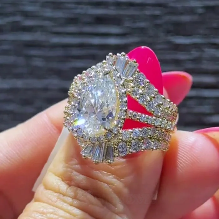 Pear Cut Diamond White 925 Sterling Yellow Gold Halo Jacket Ring