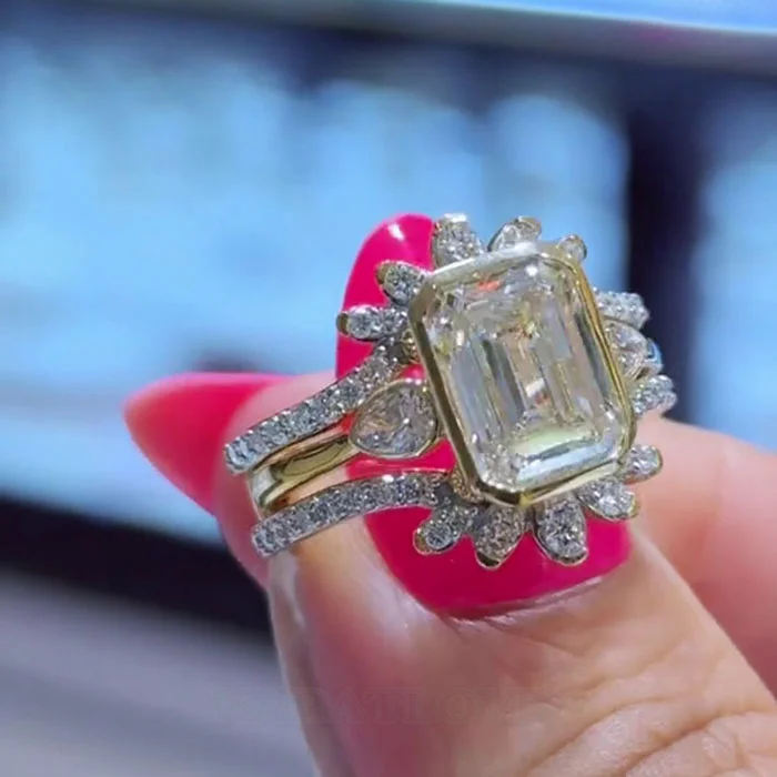 Emerald Cut Diamond White 925 Sterling Yellow Gold Art Deco Jacket Ring