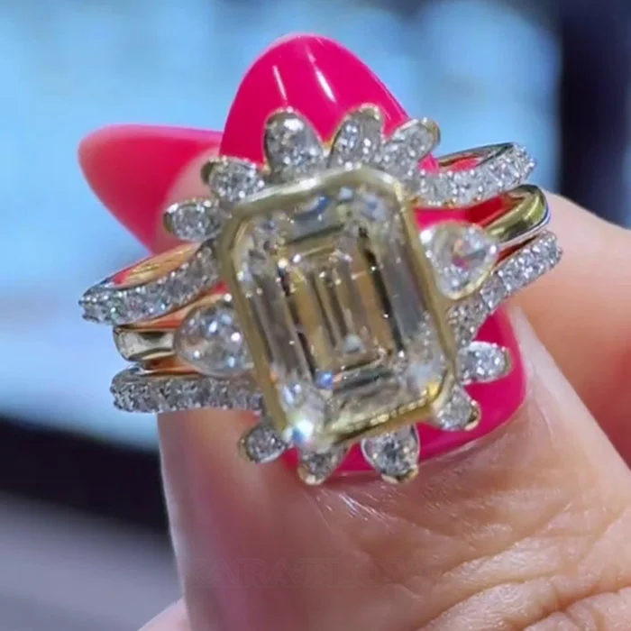 Emerald Cut Diamond White 925 Sterling Yellow Gold Art Deco Jacket Ring