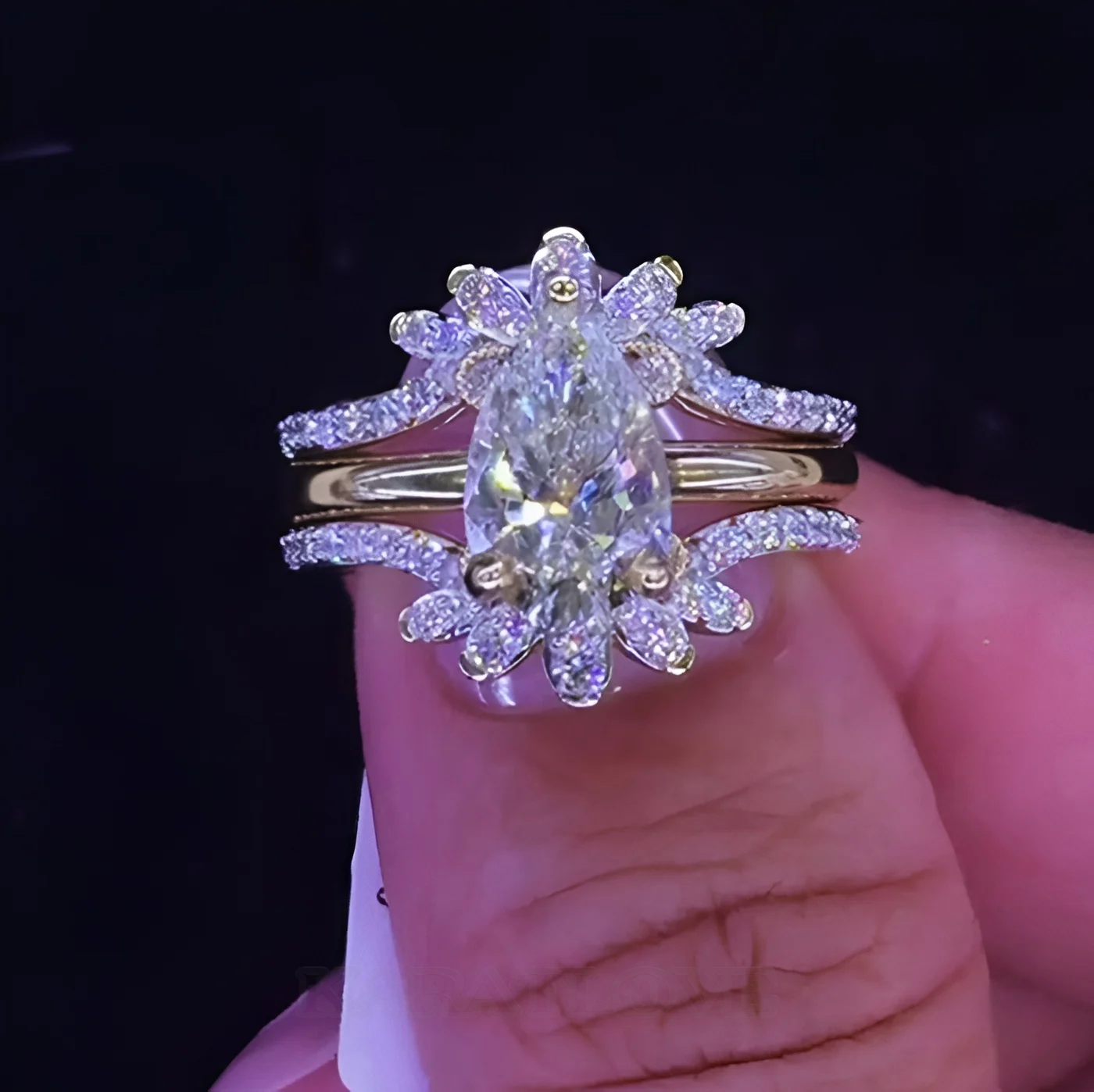 Pear Cut Diamond White 925 Sterling Silver Yellow Gold Jacket Ring