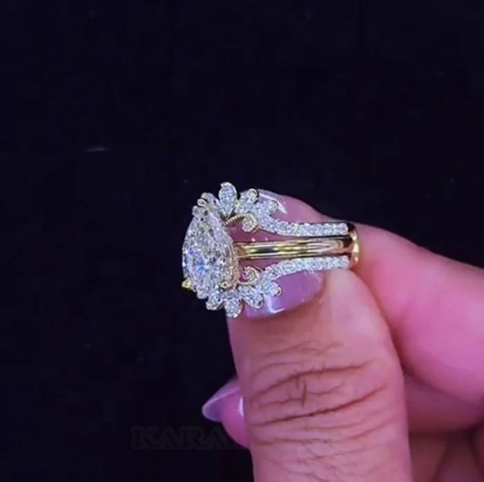 Pear Cut Diamond White 925 Sterling Silver Yellow Gold Jacket Ring