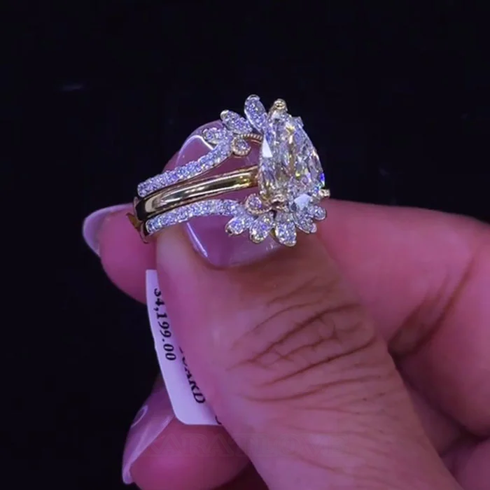 Pear Cut Diamond White 925 Sterling Silver Yellow Gold Jacket Ring