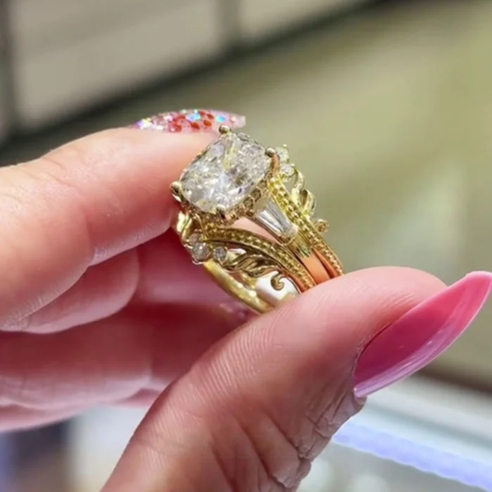 Cushion Cut Diamond White 925 Sterling Silver Yellow Gold Art Deco Jacket Ring