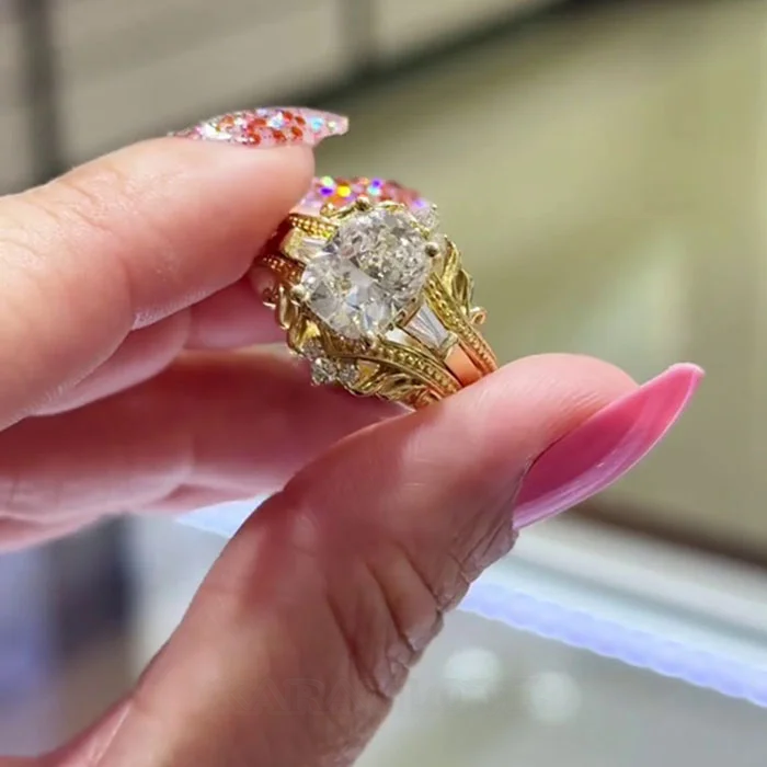 Cushion Cut Diamond White 925 Sterling Silver Yellow Gold Art Deco Jacket Ring