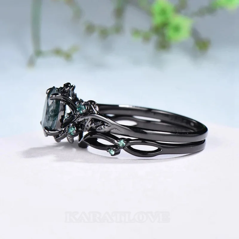 Oval Cut Green Moss Agate Nature Inspired Black Sterling Silver Bridal Ring Set