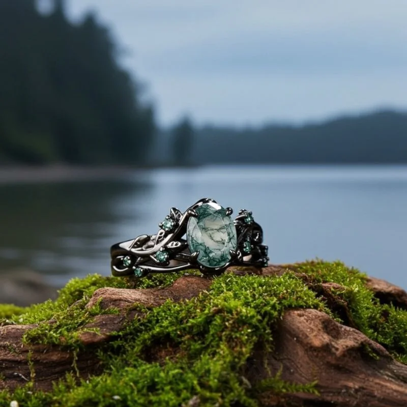 Oval Cut Green Moss Agate Nature Inspired Black Sterling Silver Bridal Ring Set