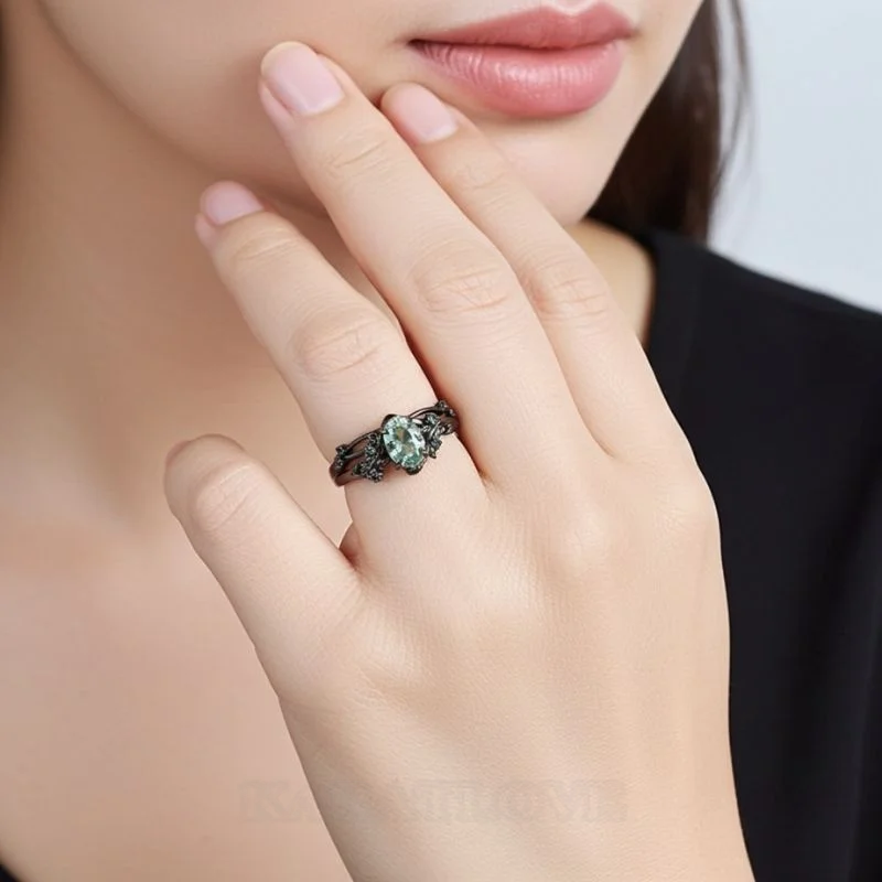 Oval Cut Green Moss Agate Nature Inspired Black Sterling Silver Bridal Ring Set