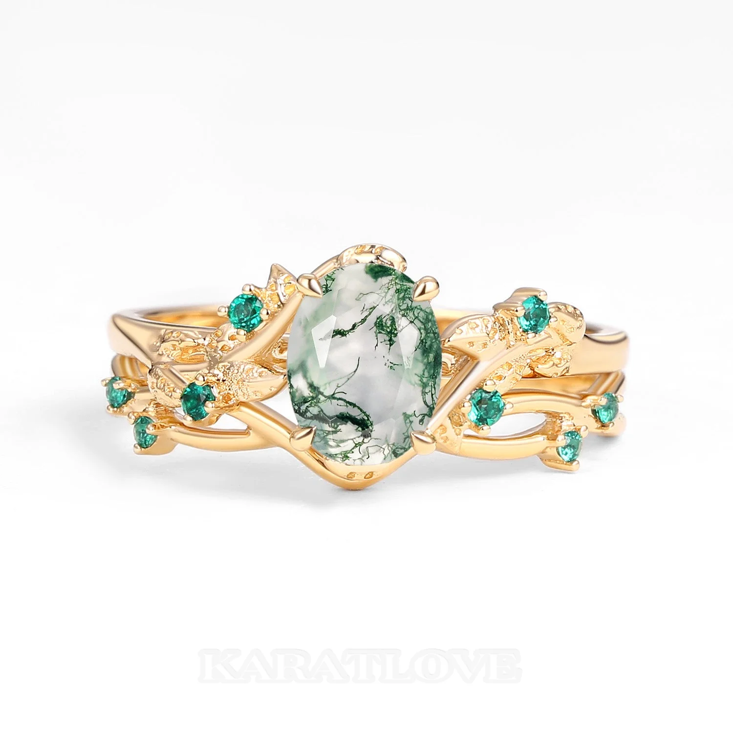 Oval Cut Green Moss Agate Nature Inspired Yellow Gold Sterling Silver Bridal Ring Set