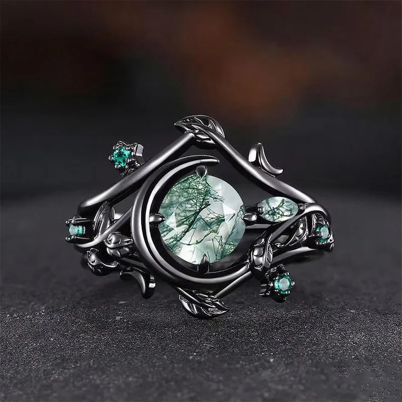 Round Cut Green Moss Agate Nature Inspired Black Sterling Silver Bridal Ring Set