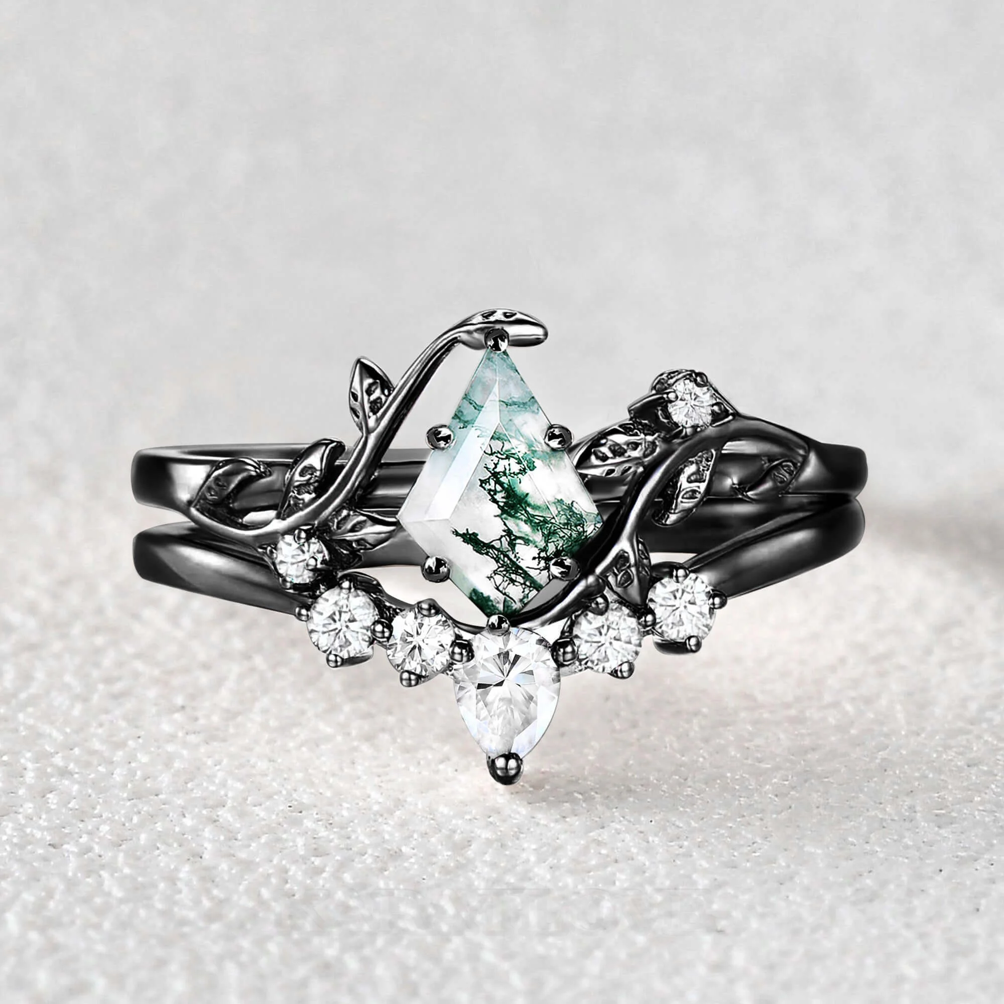 Kite Cut Green Moss Agate Nature Inspired Black Sterling Silver Bridal Ring Set