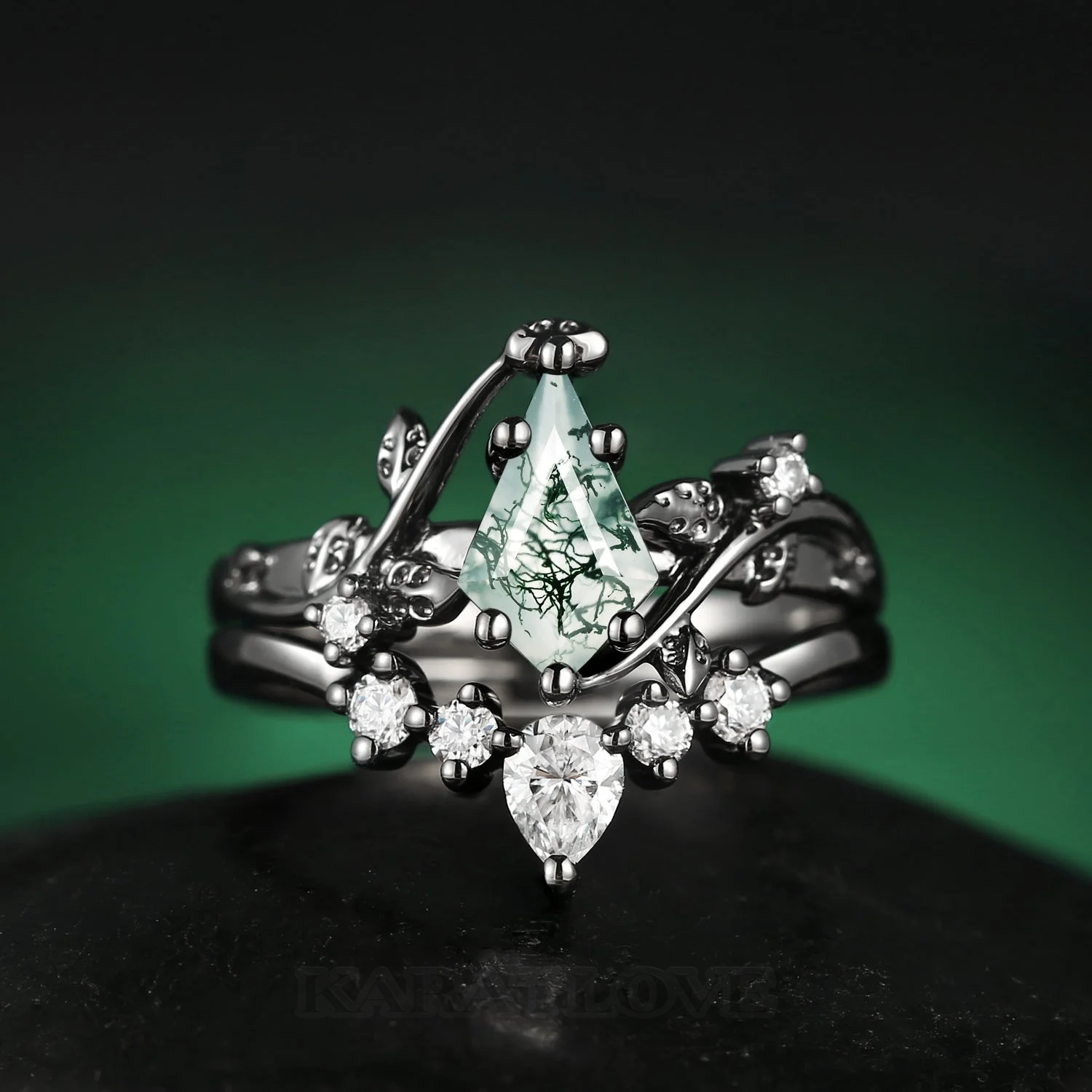 Kite Cut Green Moss Agate Nature Inspired Black Sterling Silver Bridal Ring Set